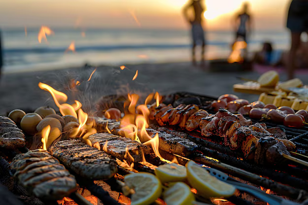 Grilling fresh seafood on beach